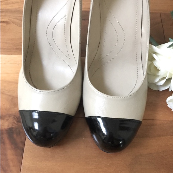 Tahari Cream beige real leather shoes black patent capped toe platform US 10 - Picture 2 of 13